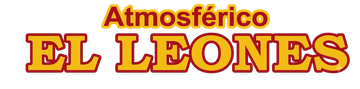 Logotipo con el texto “Atmosférico EL LEONES” en naranja y rojo sobre fondo blanco.