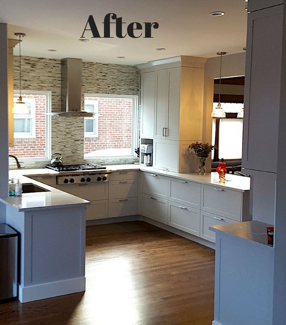 A kitchen with white cabinets and a sign that says after