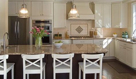 A kitchen with white cabinets and granite counter tops