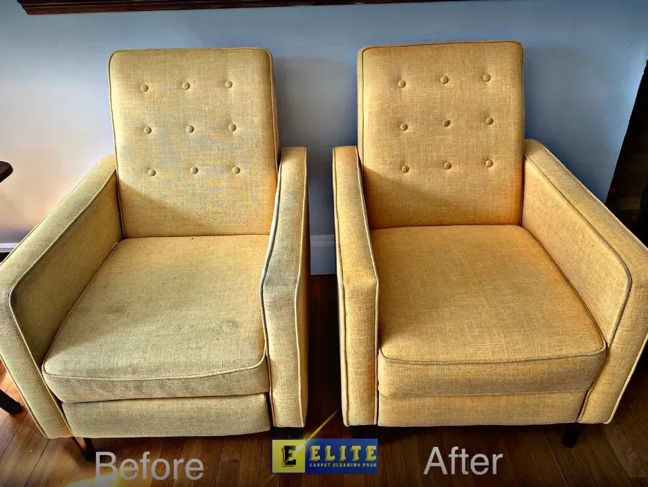 Two yellow chairs before and after being cleaned by elite