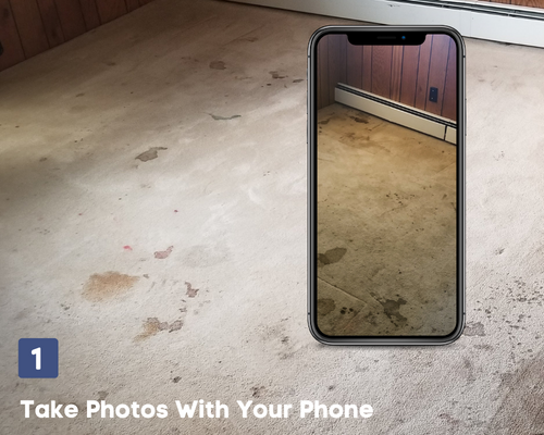 A phone displays a picture of a dirty floor and says take photos with your phone