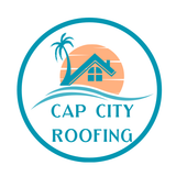 Logo for Cap City Roofing: teal circle with a house silhouette and palm tree in front of a peach-colored sun, with text "CAP CITY ROOFING".