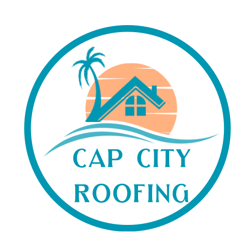 Logo for Cap City Roofing: teal circle with a house silhouette and palm tree in front of a peach-colored sun, with text "CAP CITY ROOFING".