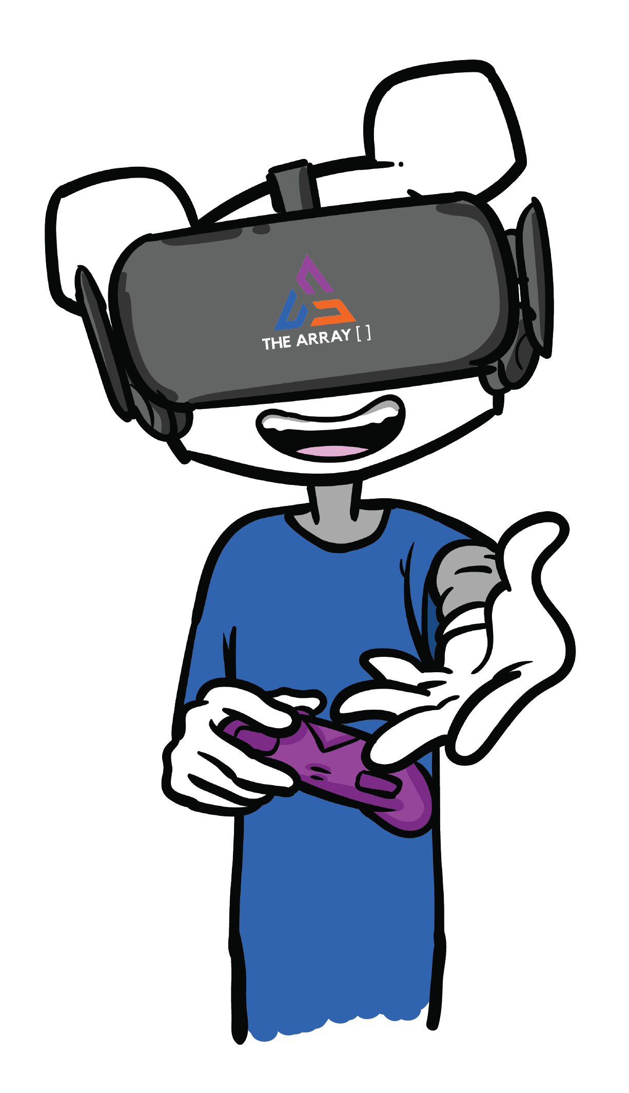 a cartoon character wearing a virtual reality headset and holding a controller .