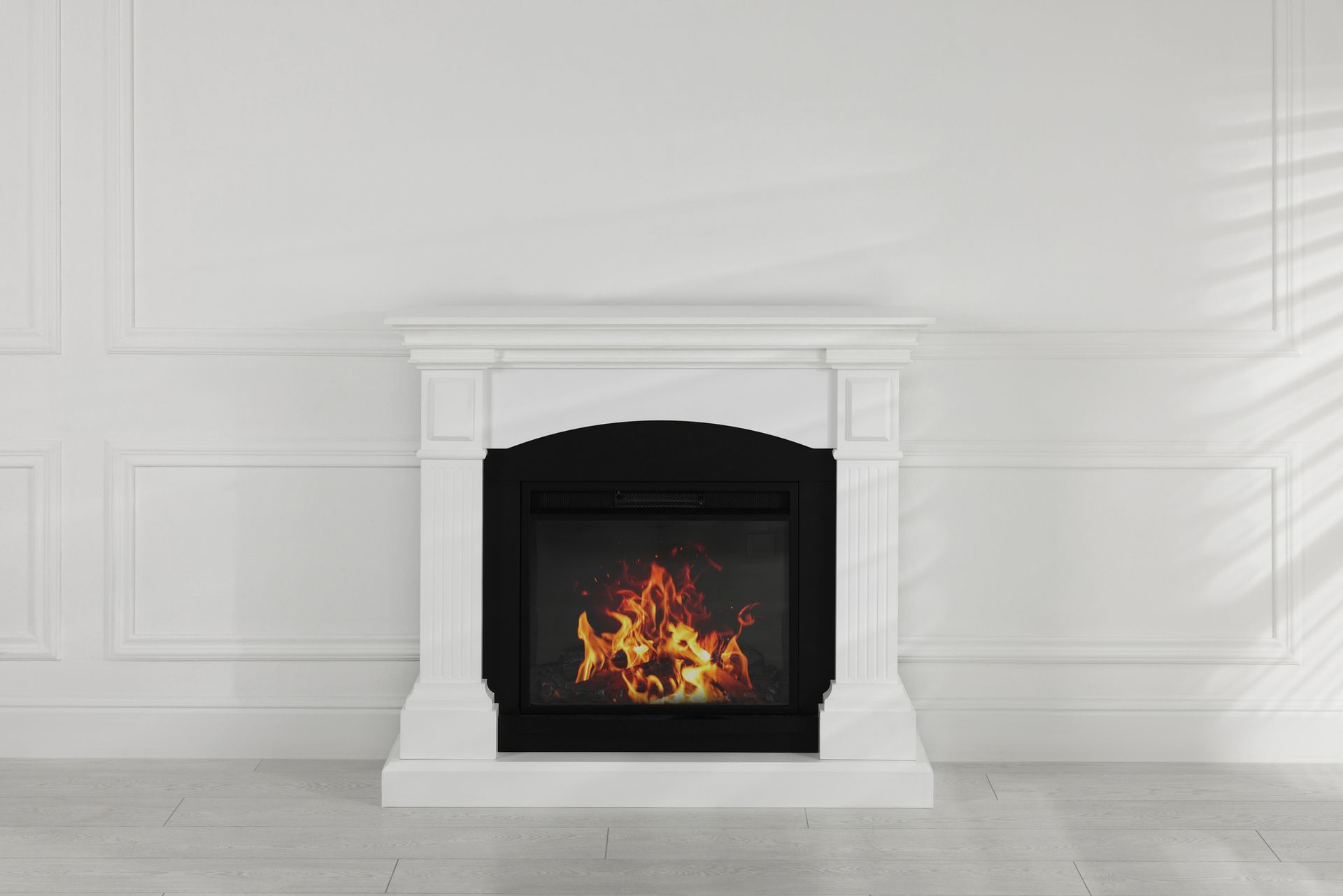 There is a fireplace in the middle of the room.