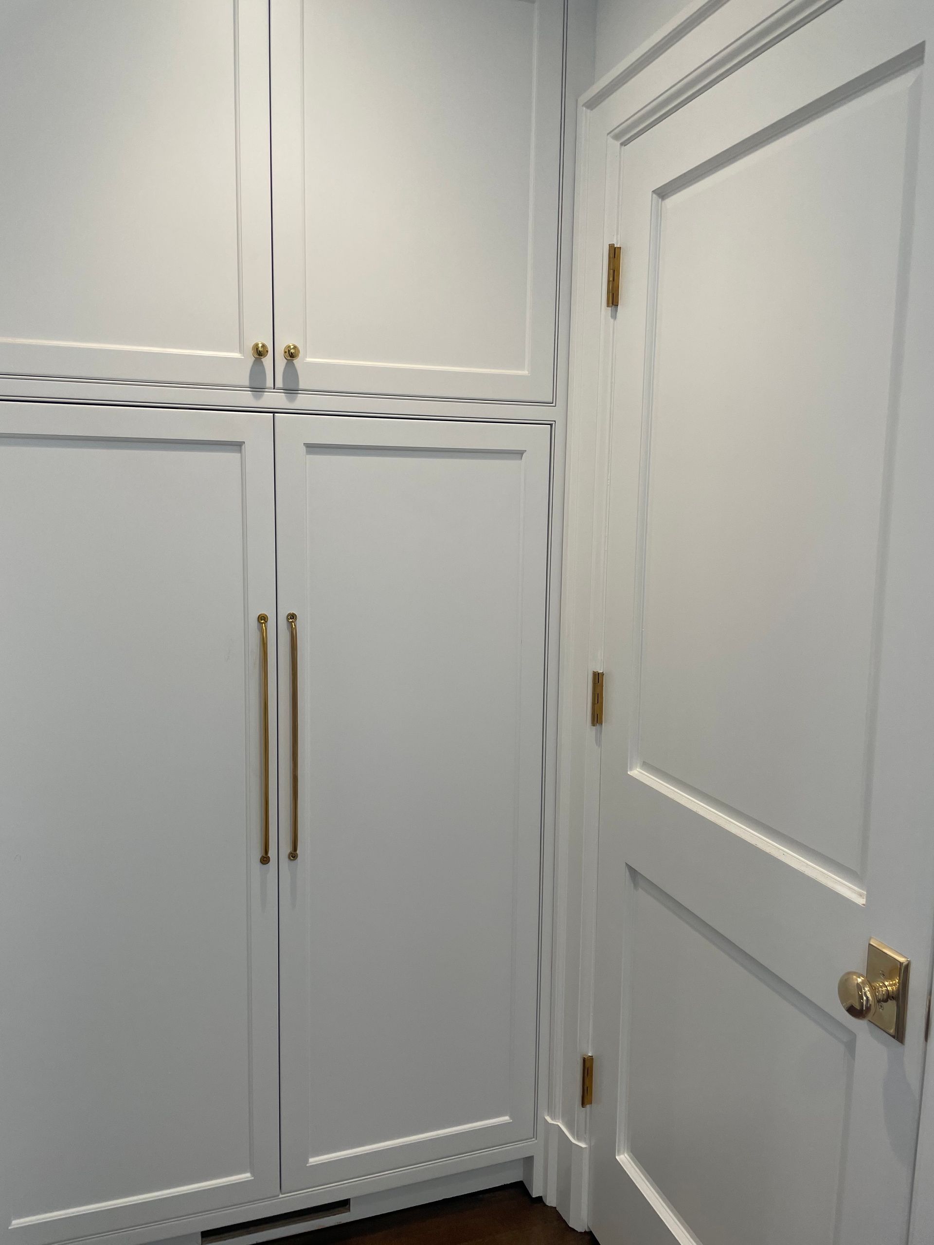 A corner of a room with white cabinets and a door