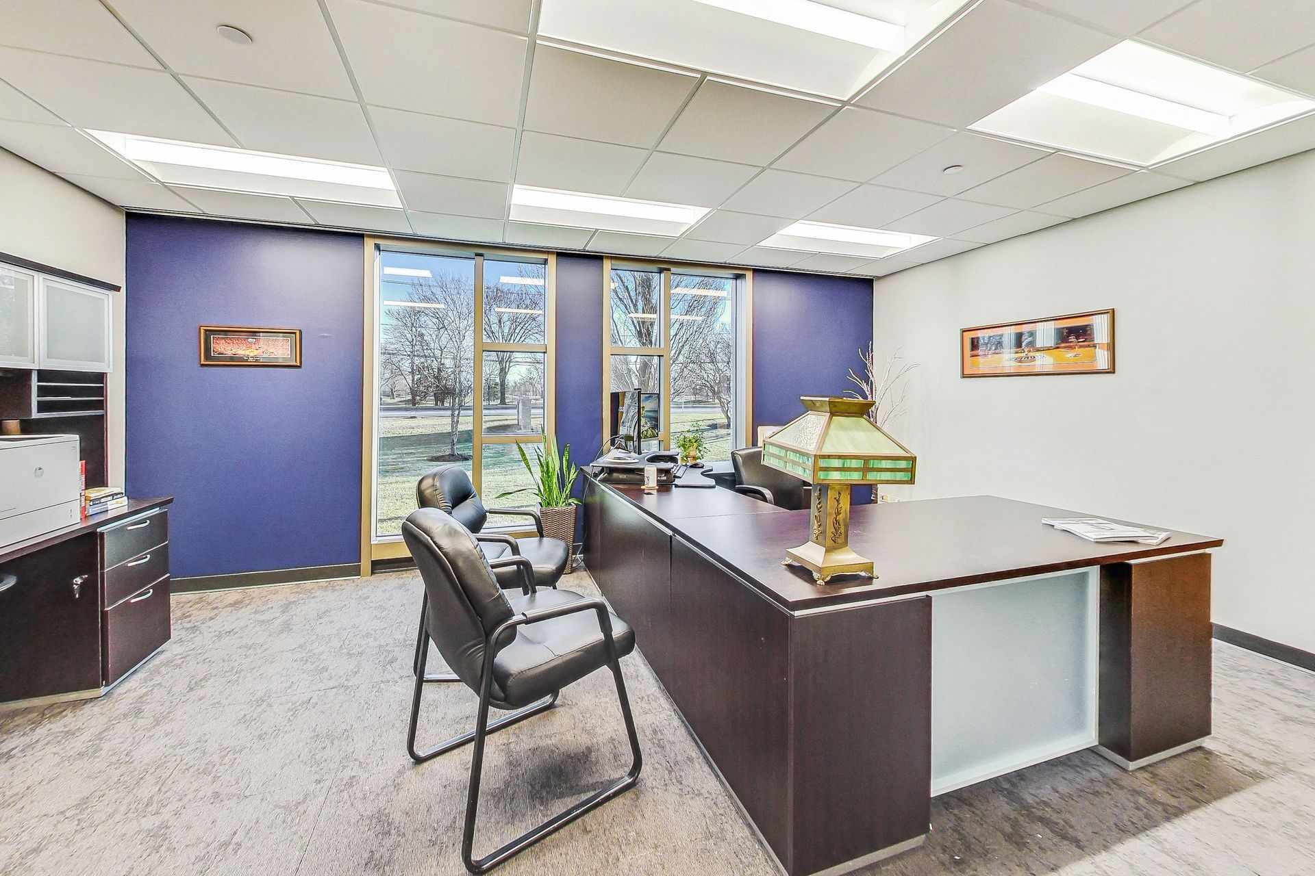 A large office with a desk , chairs , and a lamp.