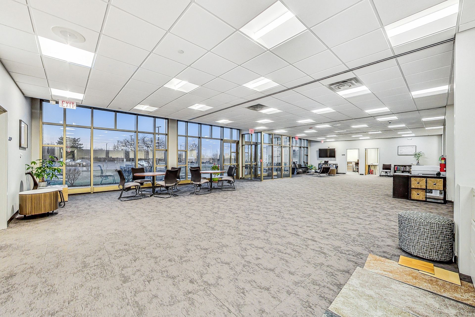 A large room with a lot of windows and a carpeted floor.