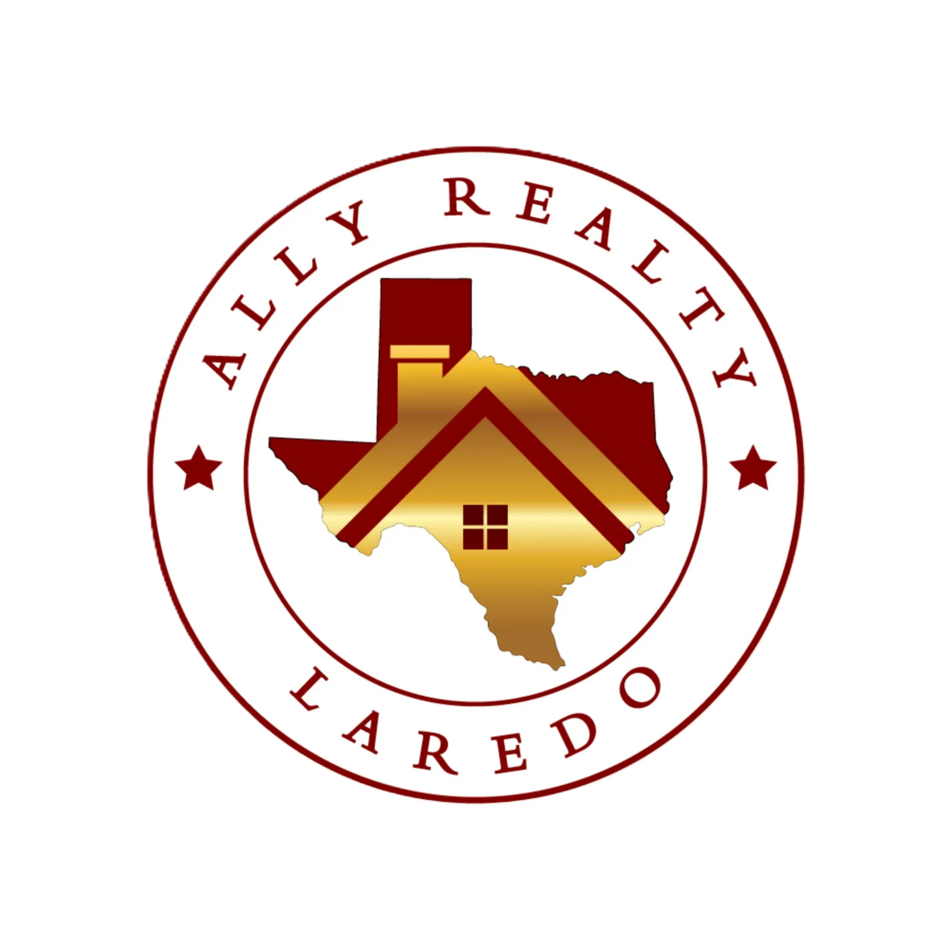 Ally Realty Laredo logo with Texas outline and house graphic, in a maroon and gold circular emblem.