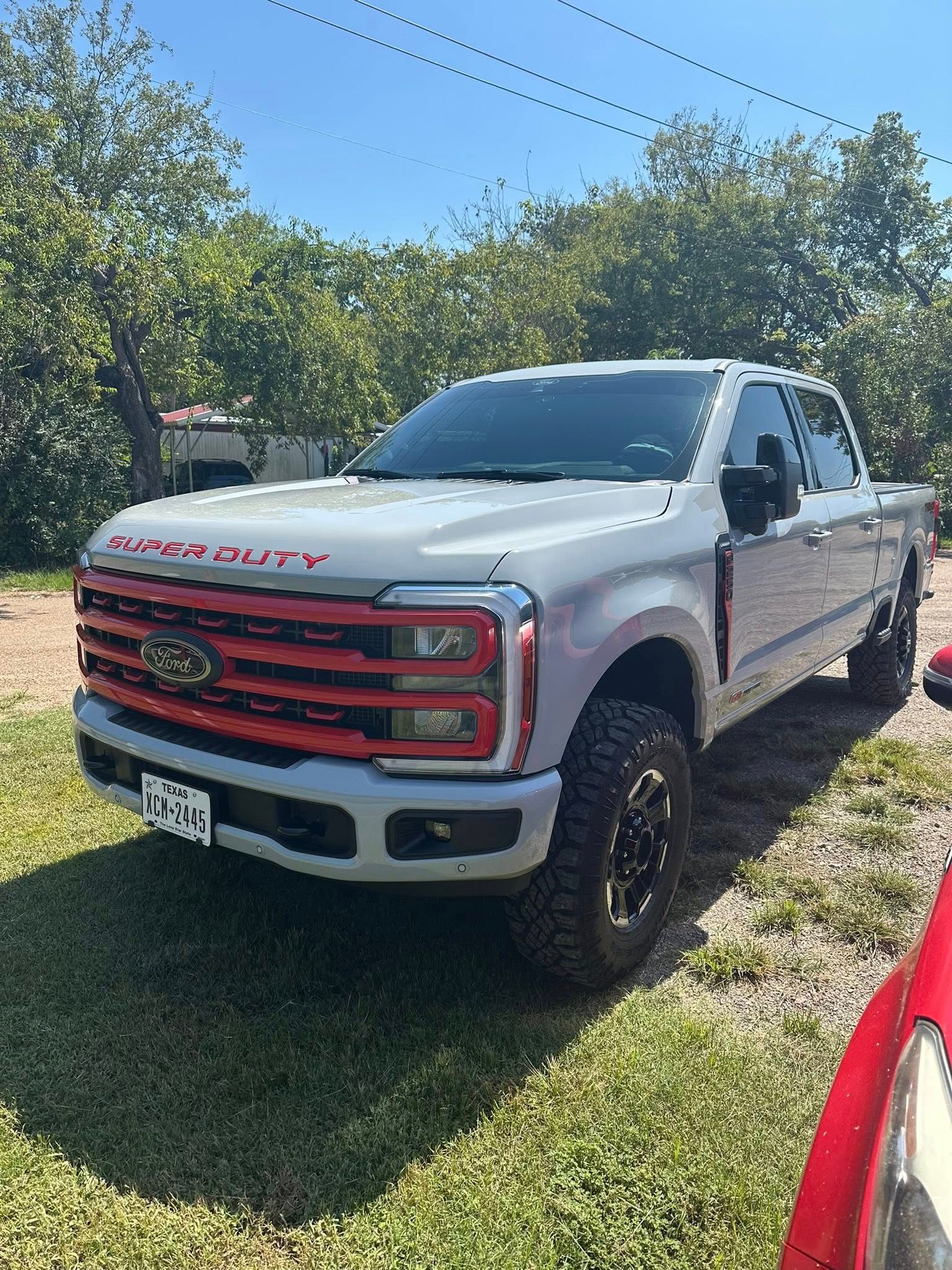 A light gray Ford Super Duty pickup truck with a bold red grille parked on grass under a clear blue sky.