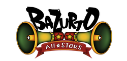 Logotipo de Bazurto All Stars, con texto negro sobre dos megáfonos estilizados con una pancarta debajo.