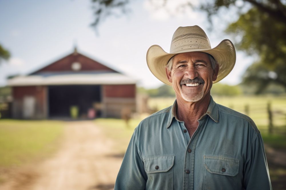 a man in a cowboy hat stands in front of a barn