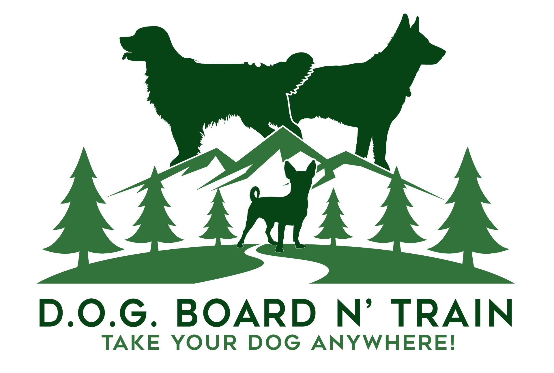 A logo for d.o.g. board n ' train that says take your dog anywhere