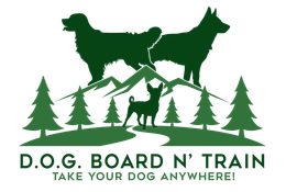 A logo for d.o.g. board n ' train that says take your dog anywhere