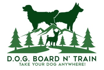 A logo for d.o.g. board n ' train that says take your dog anywhere