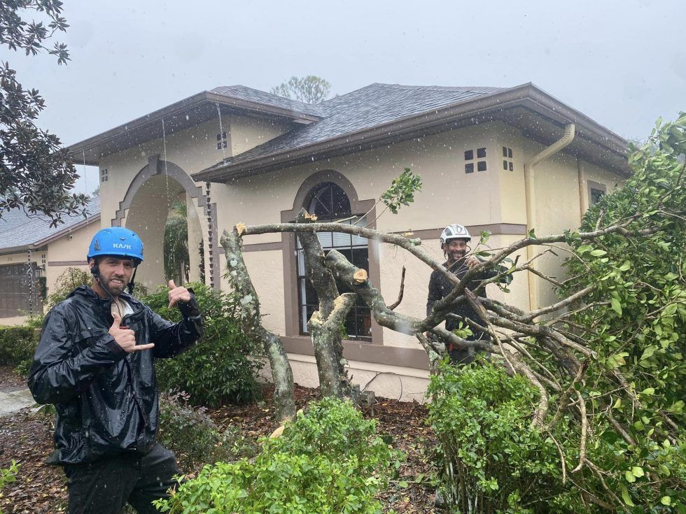 Two men are standing in front of a house with a fallen tree in front of it.