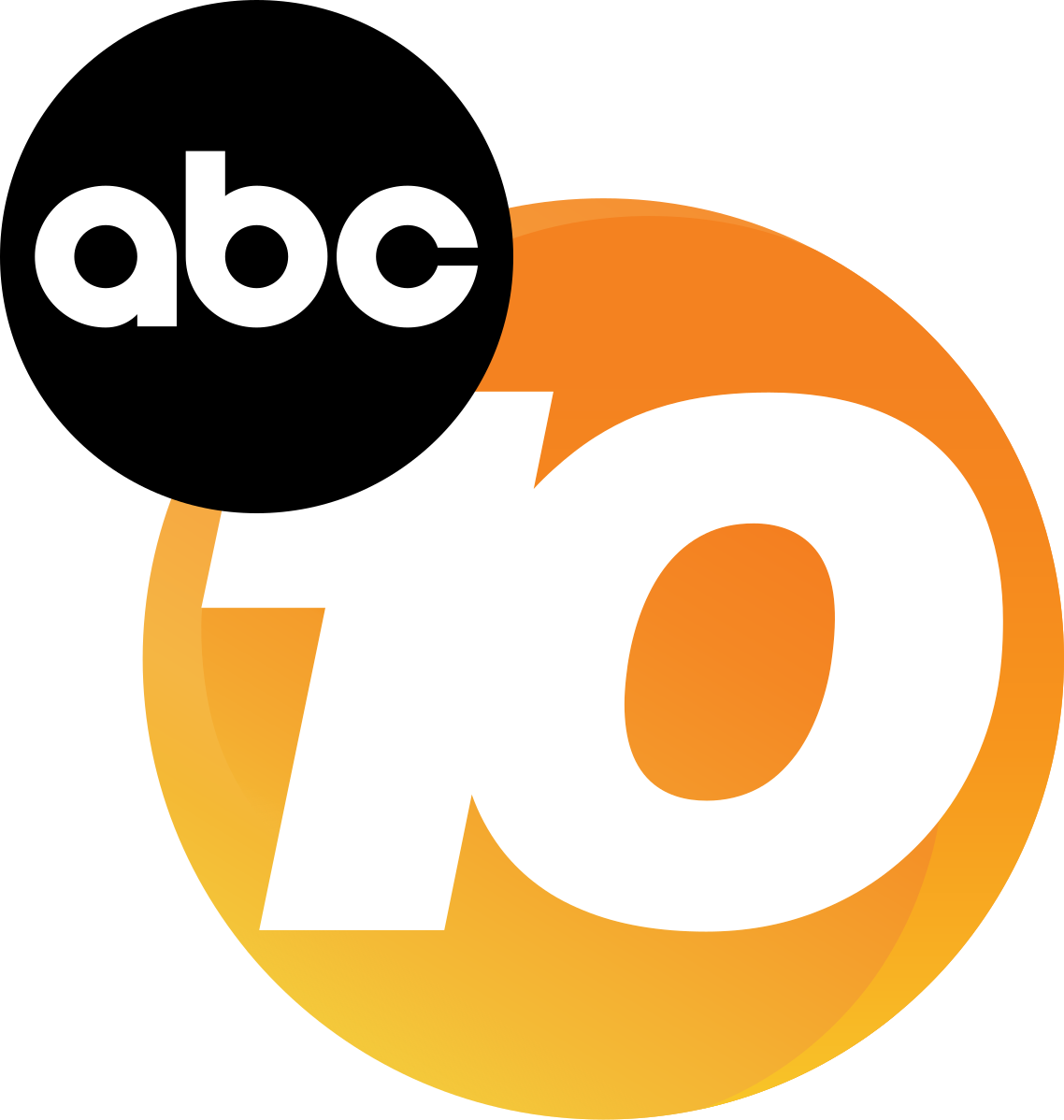 ABC 10 logo: black circle with "abc" and a white "10" in an orange-yellow circle.