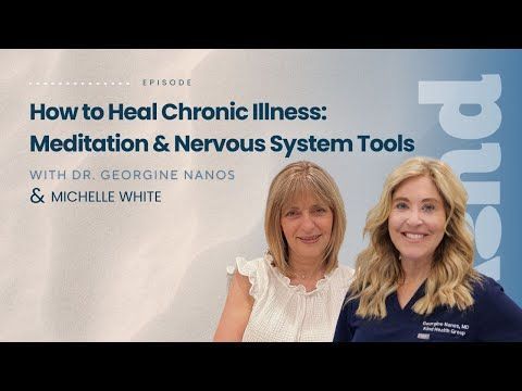 Two women in front of text: 