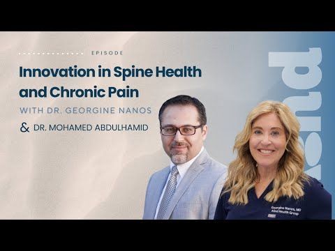 Promotional graphic: Doctors Nanos & Abdulhamid discuss spine health & chronic pain. Blue and white theme.