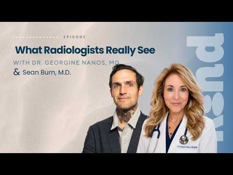 Podcast cover for “What Radiologists Really See” with two doctors against a beige background