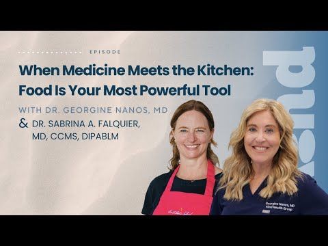 Two doctors in front of a title card, 