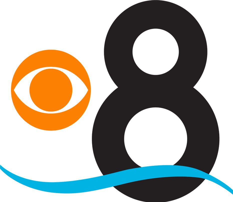 CBS 8 logo: orange CBS eye beside black number 8 with a blue wave, likely a TV station identifier.