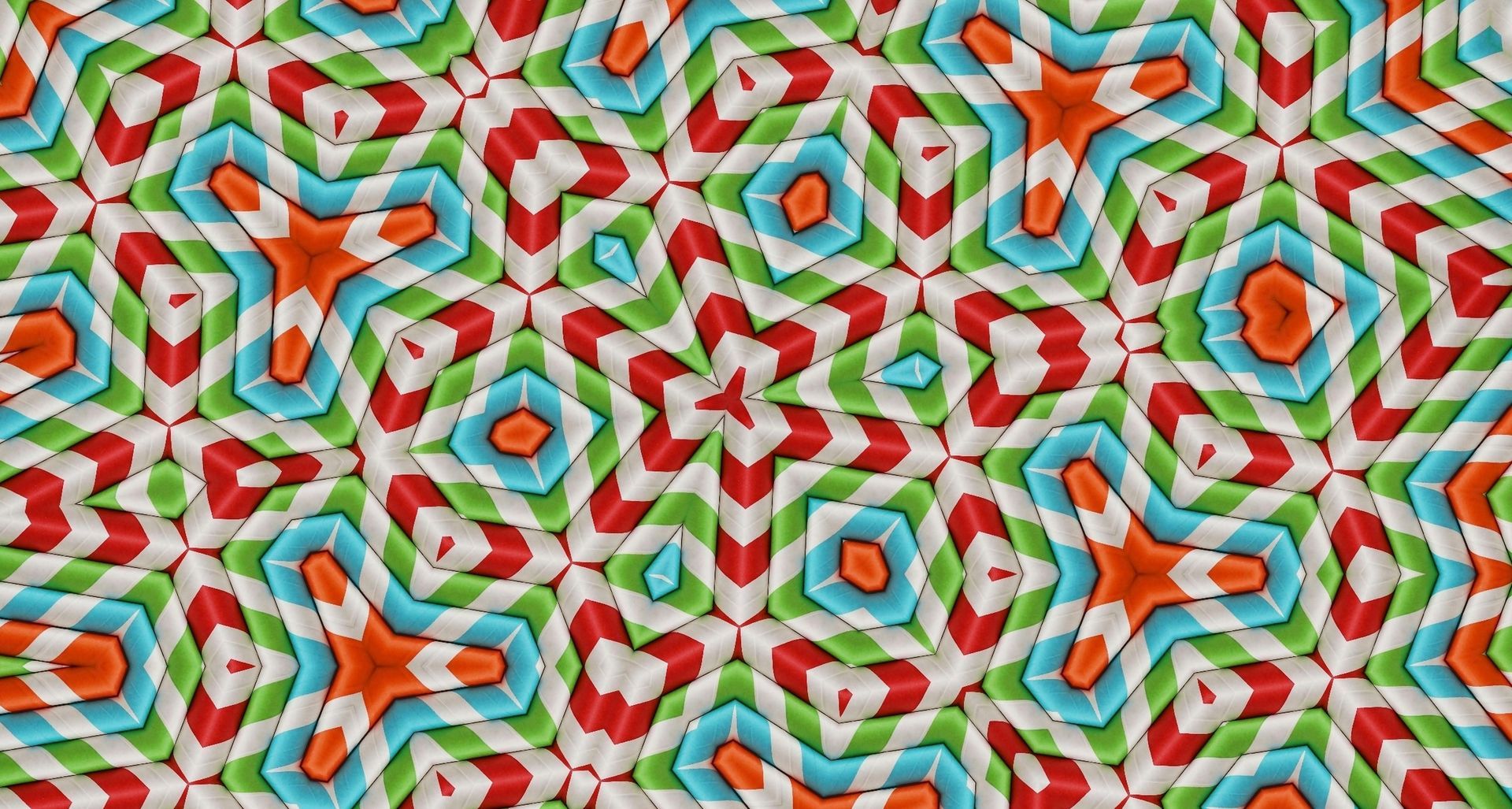 Kaleidoscopic pattern of red, green, blue, and orange geometric shapes against a white background.