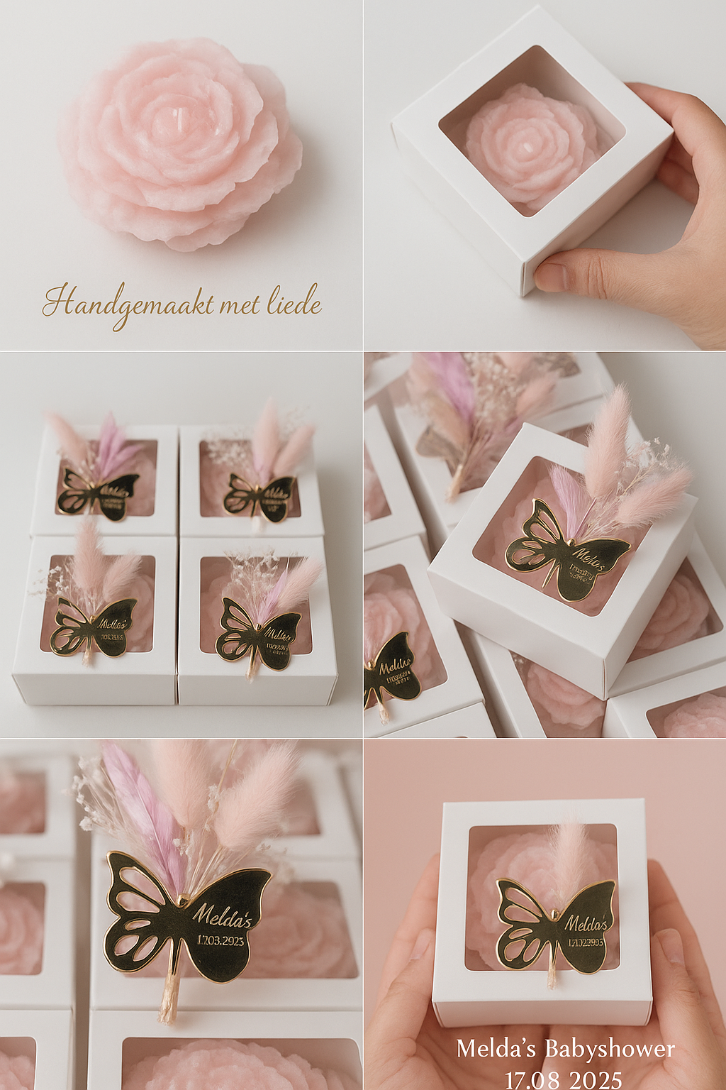 Roze roosvormige zeepjes, verpakt in witte doosjes met decoratieve vlinders en gedroogde bloemen.
