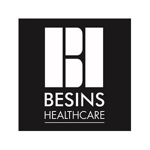 A black and white logo for besins healthcare.