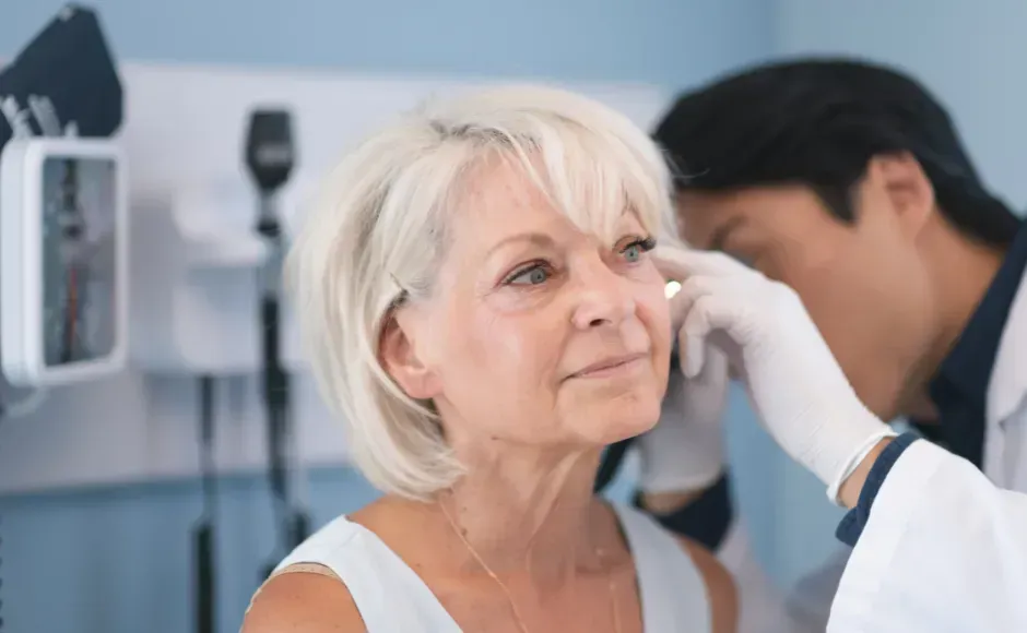 A healthcare professional in a white coat and gloves performs an eye exam on a patient using an ophthalmoscope.