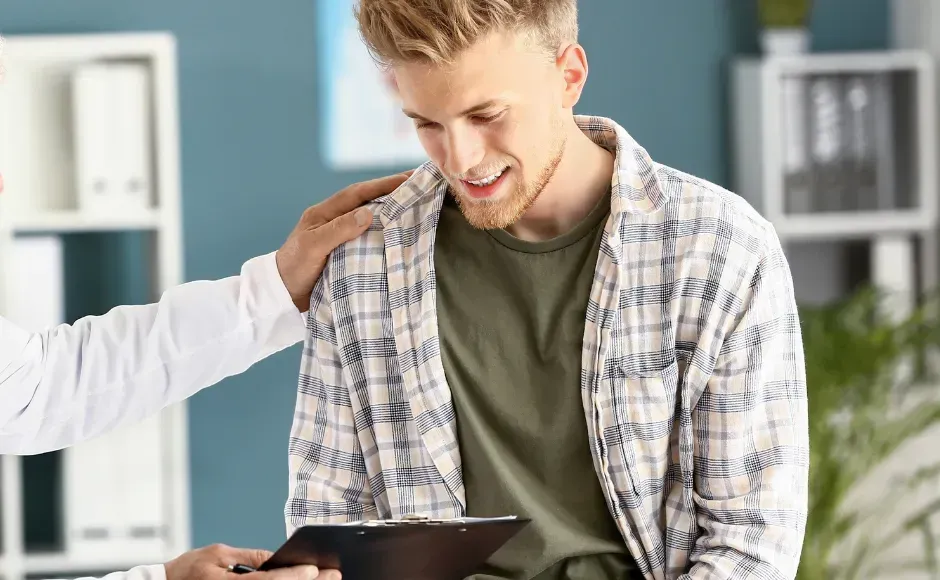 A person in a medical coat places a reassuring hand on a patient's shoulder during an office consultation.