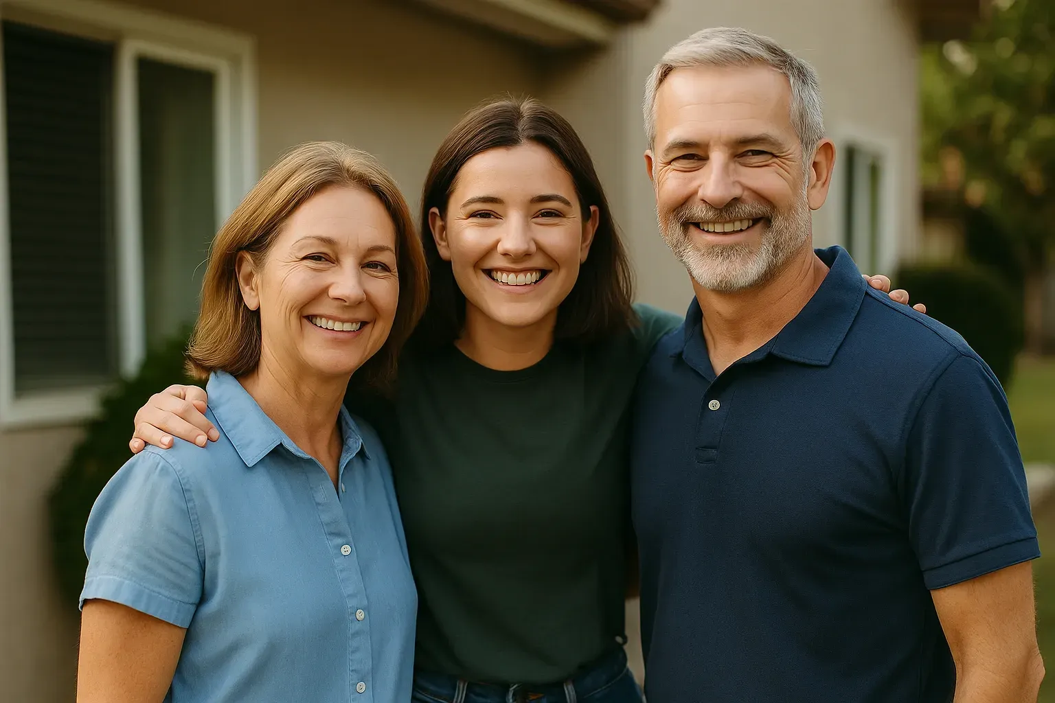 A family of three smiles in front of a house: a woman, a young person, and a man.