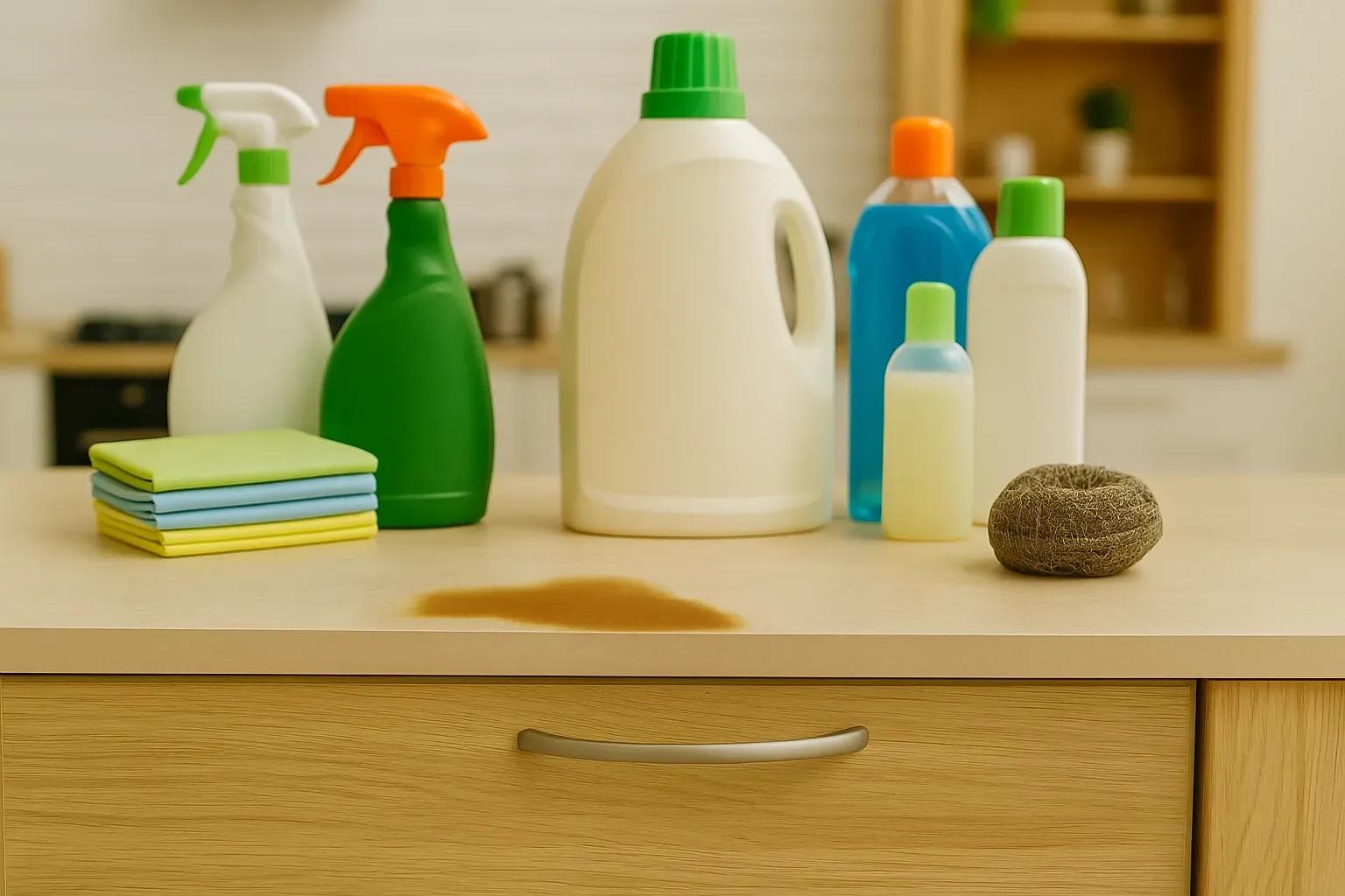 Cleaning supplies and a stain on a light-colored wooden surface in a kitchen setting.