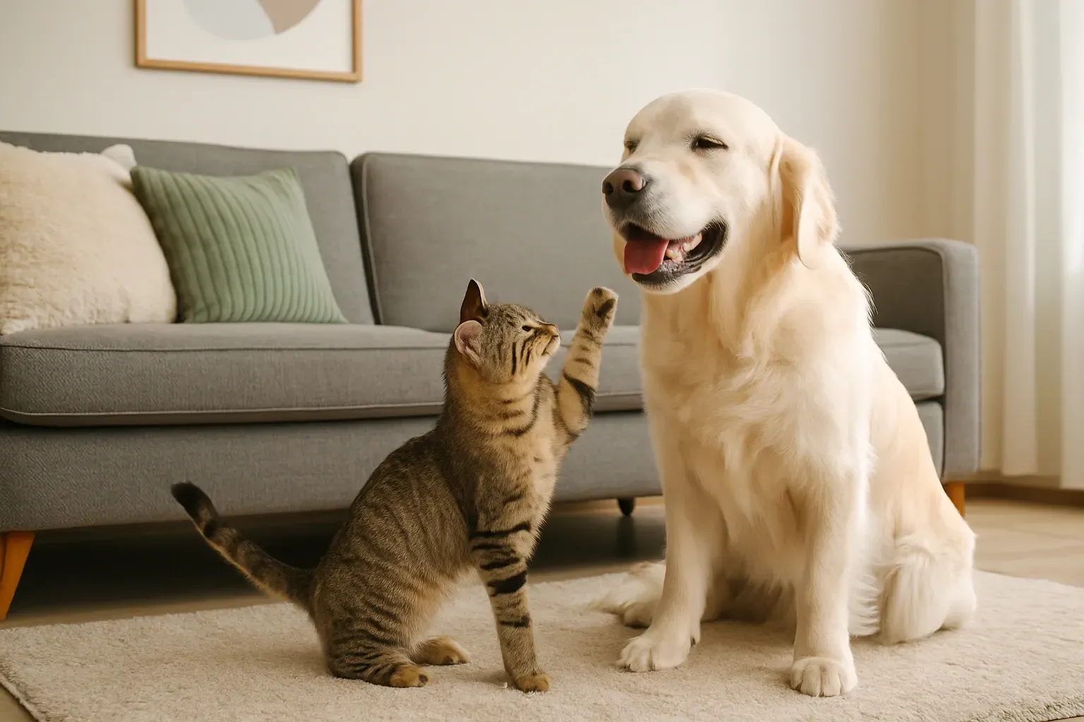 Cat raising paw to golden retriever dog, both on a rug in front of a gray couch.