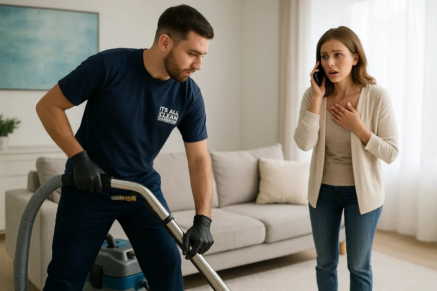 Man vacuuming carpet while woman on phone looks concerned, living room.
