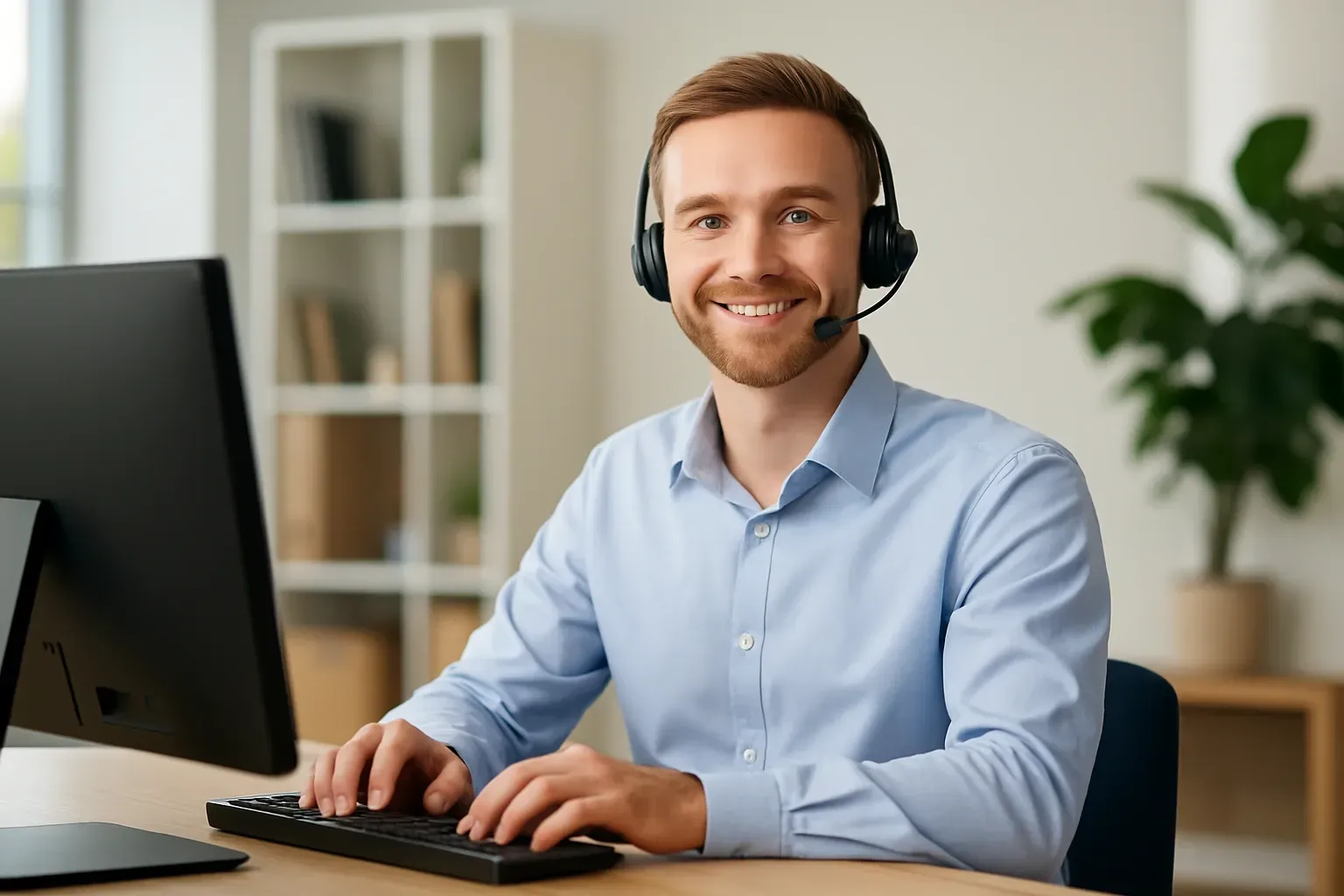 Man wearing a headset, smiling, and typing at a computer in an office setting.