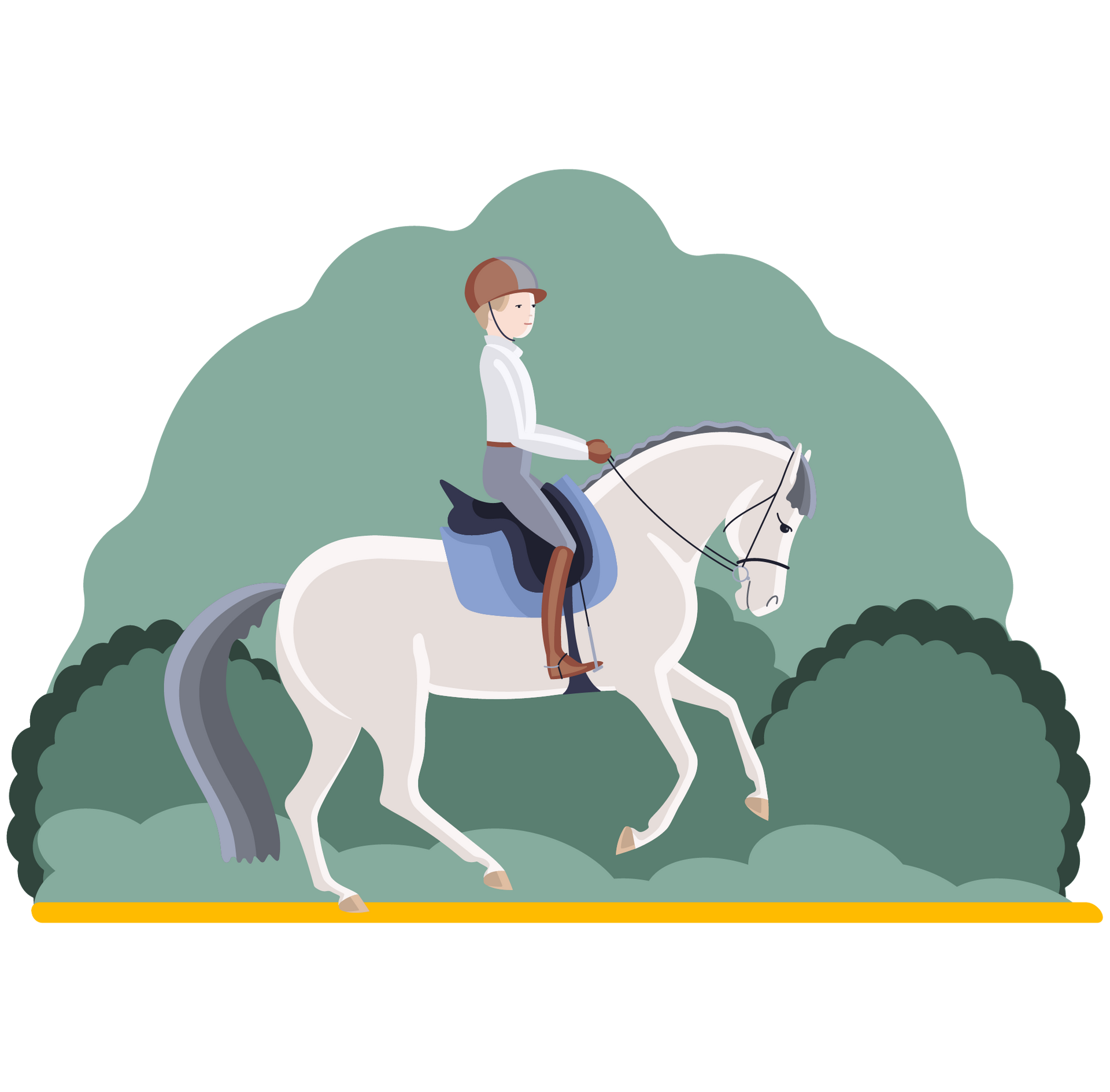 A man is riding a white horse in the woods.