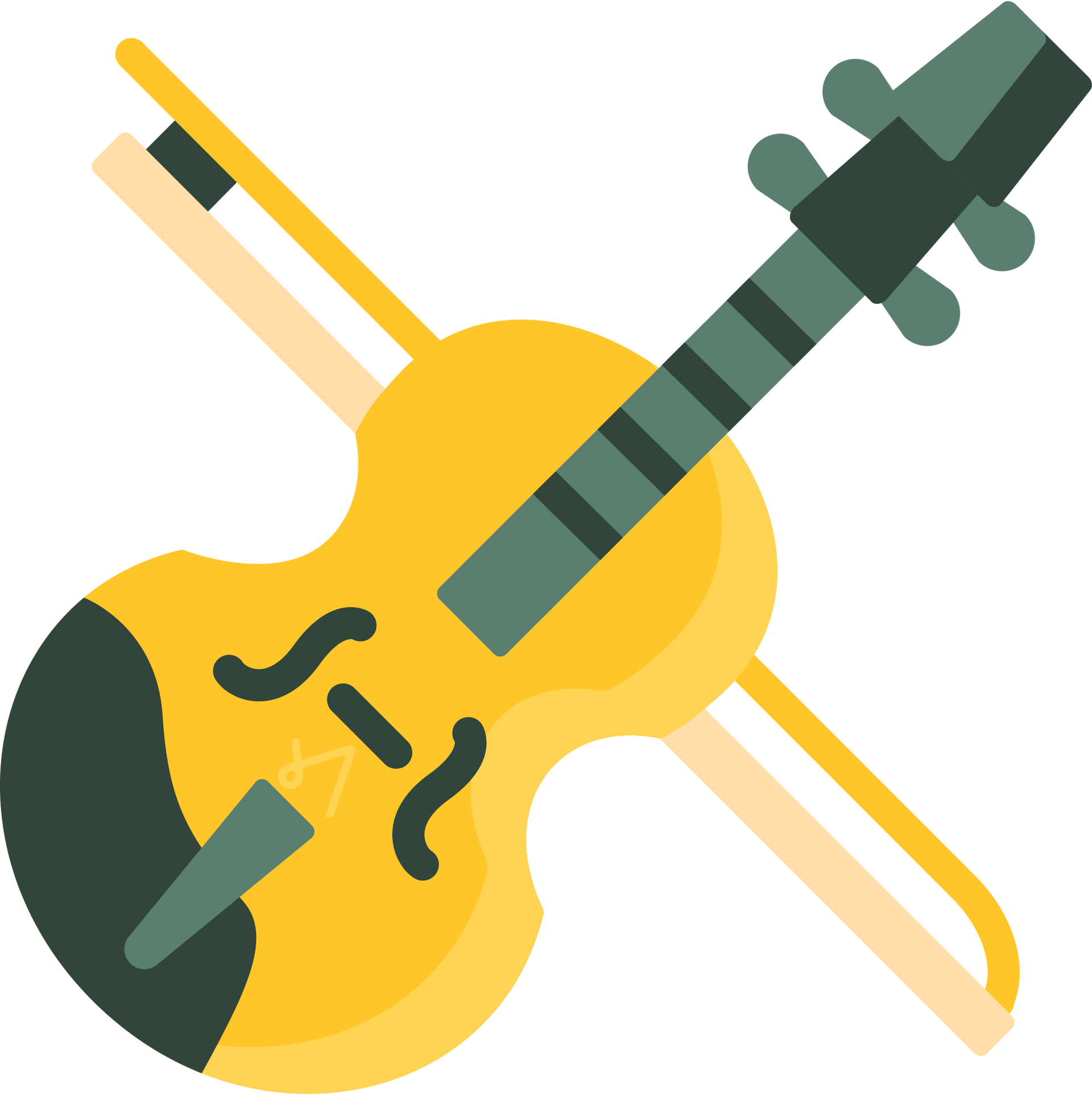 A yellow violin with a bow on a white background.