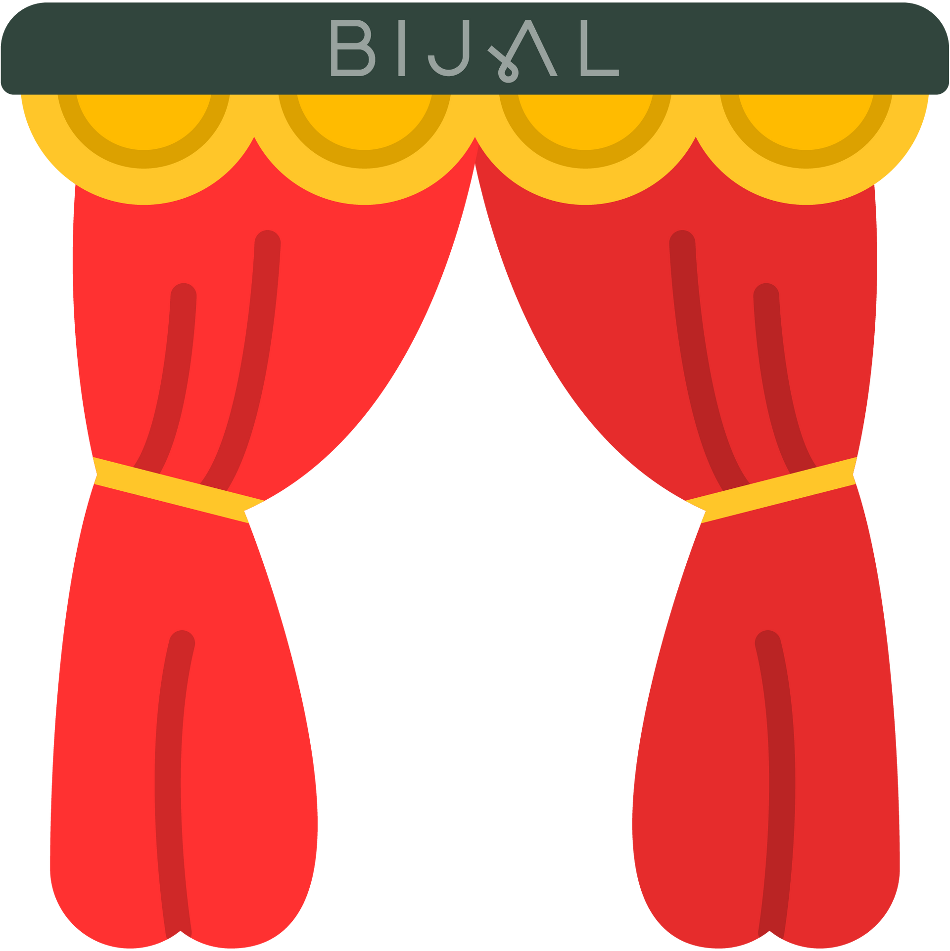 A pair of red curtains with a yellow trim on a white background.