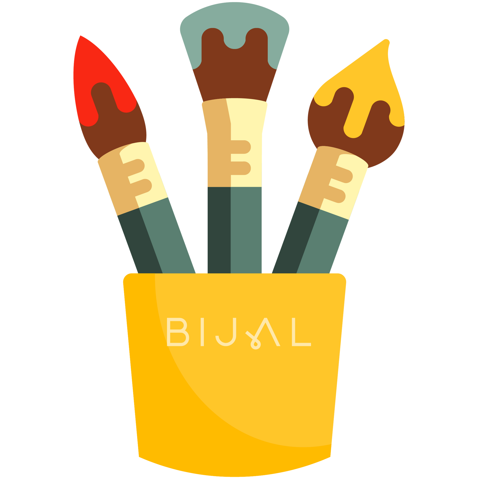 Three paint brushes in a yellow cup with the word bijal on it