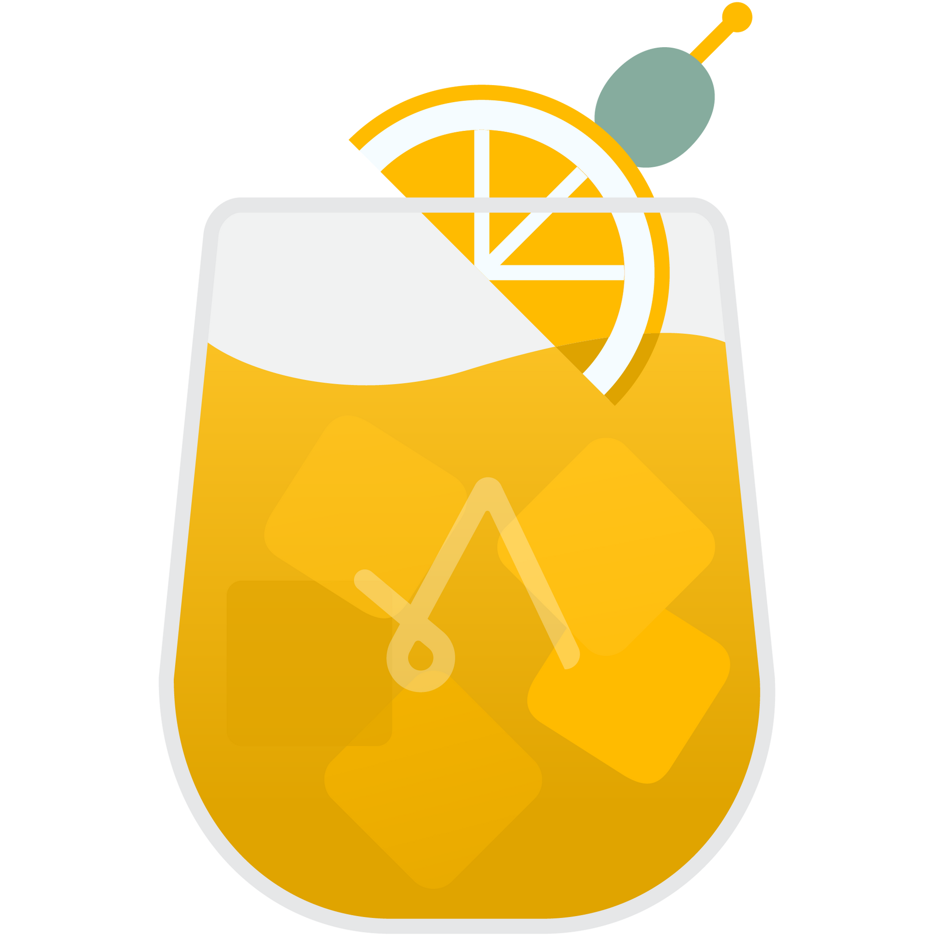 A glass of orange juice with ice cubes and a slice of orange.