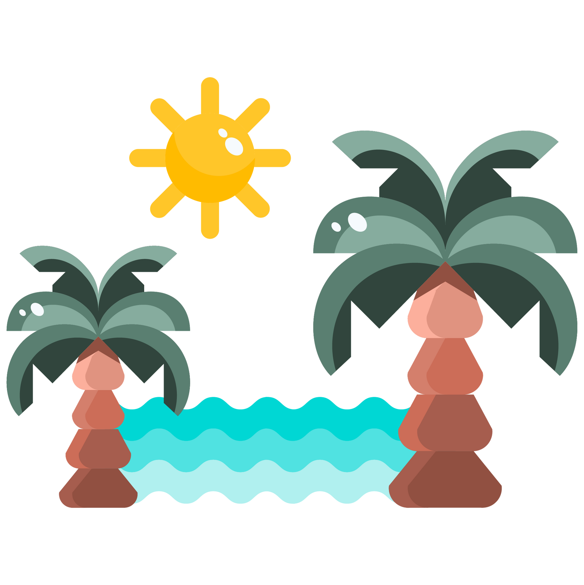 A couple of palm trees next to a body of water and a sun.