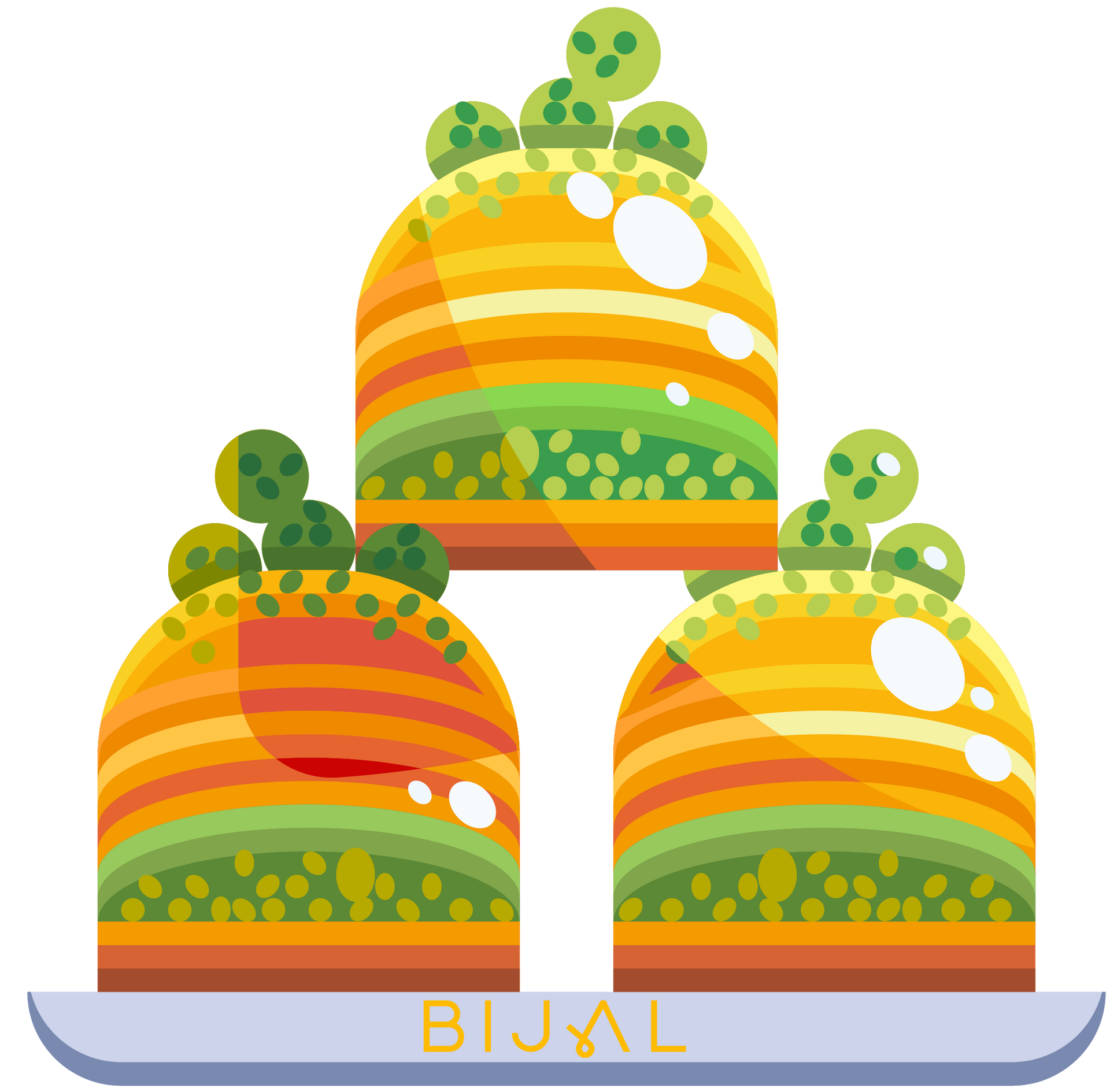 Three cakes are stacked on top of each other on a plate.