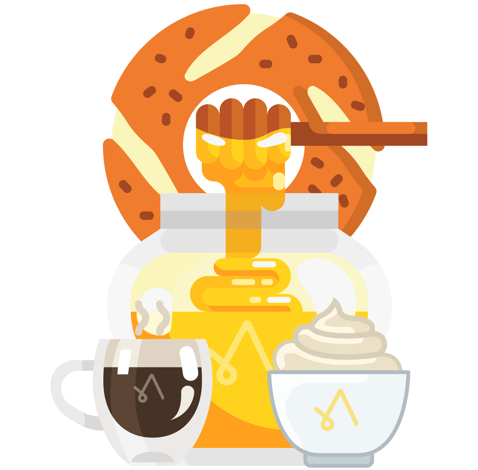 A jar of honey , a bagel , a cup of coffee , and a bowl of whipped cream.