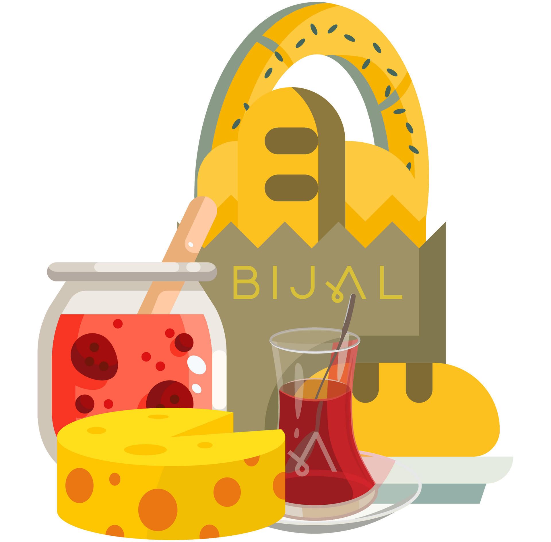 A bag of bread , cheese , jam , and a glass of tea.