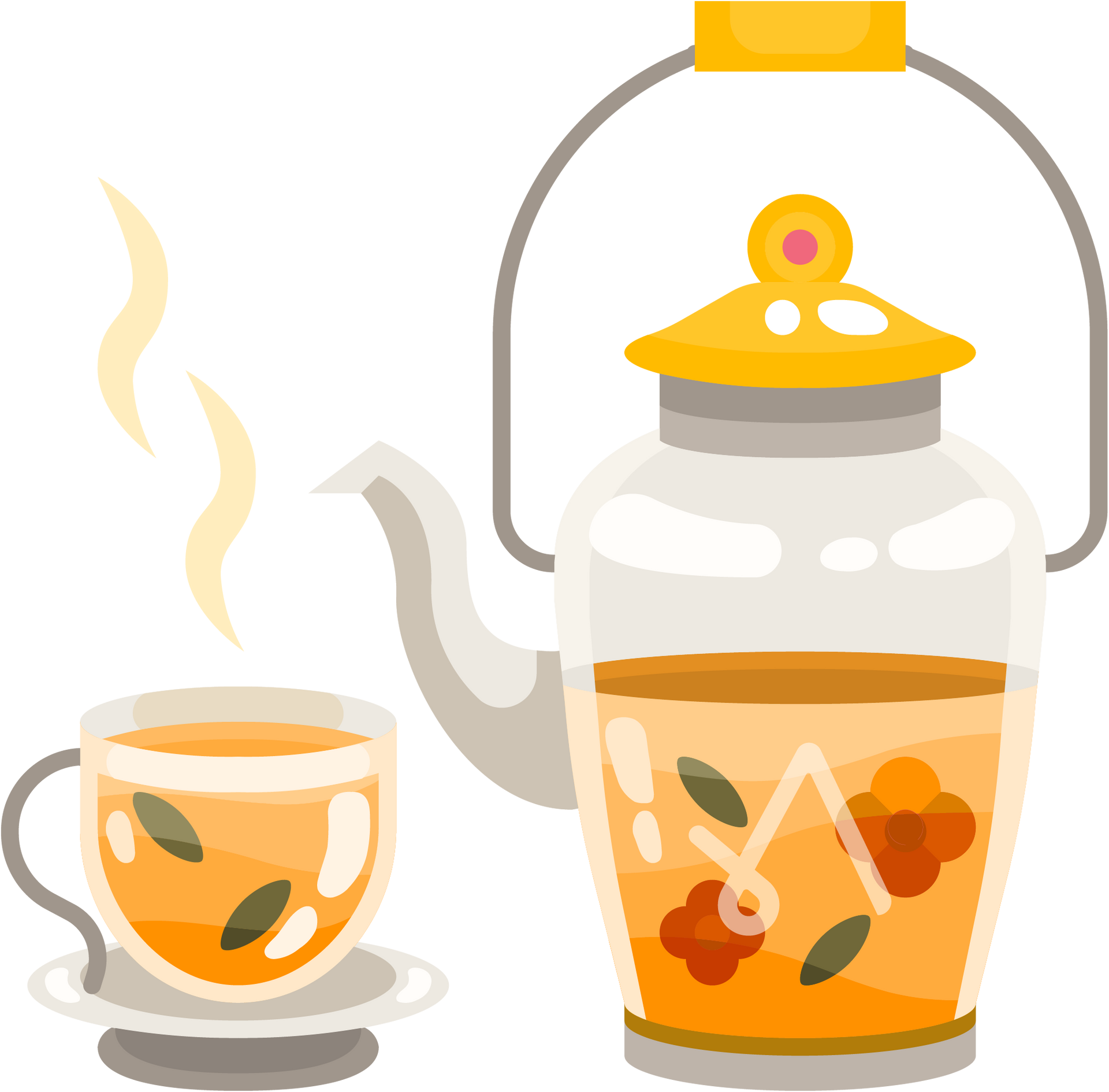 A cup of tea and a teapot with tea in it.