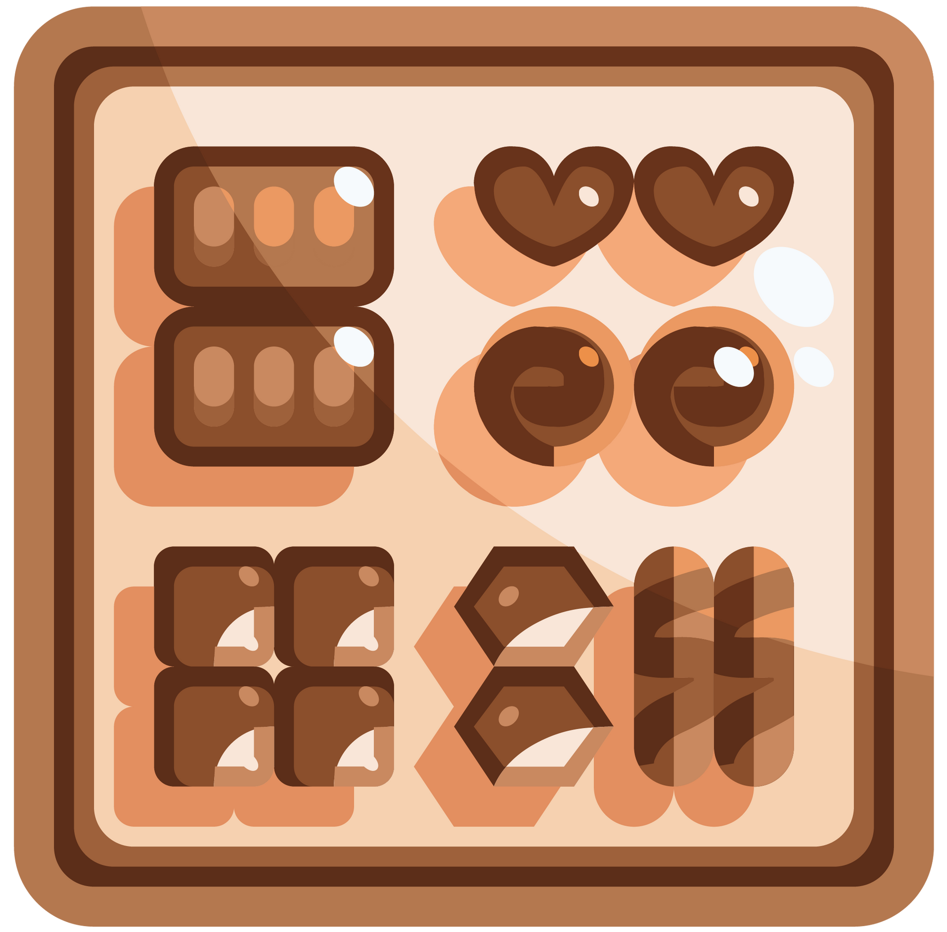 There are many different types of chocolates in this icon.