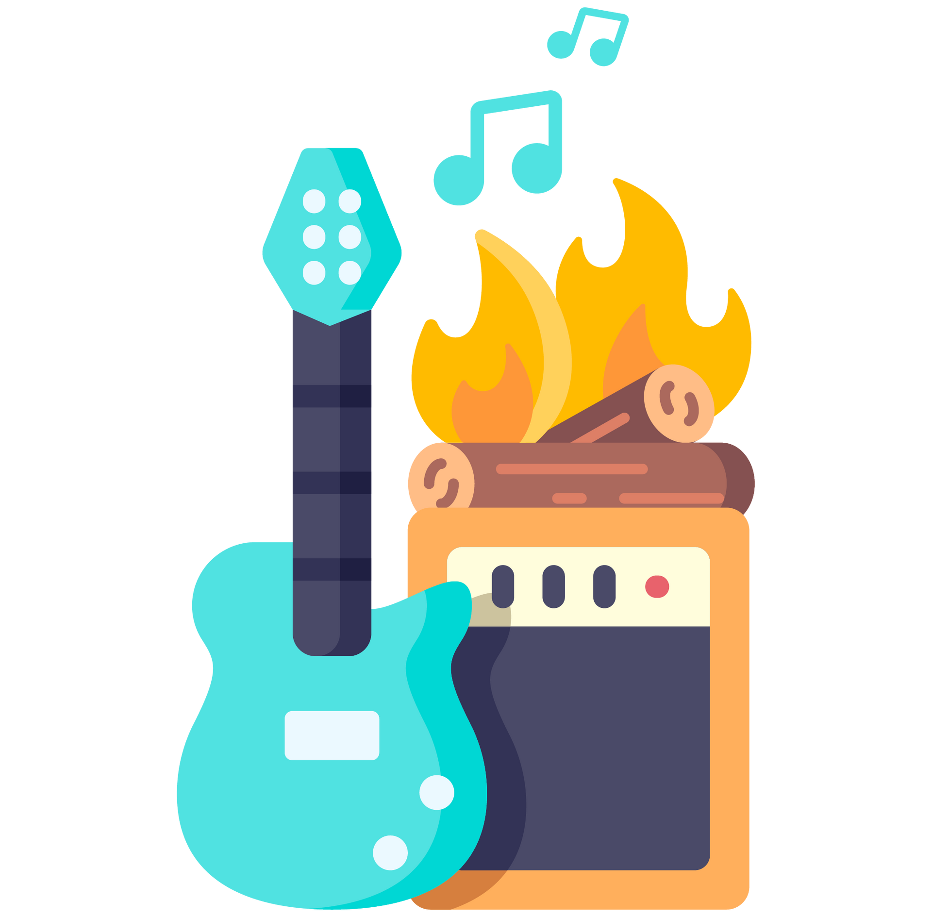A guitar is sitting next to an amplifier and a fire.