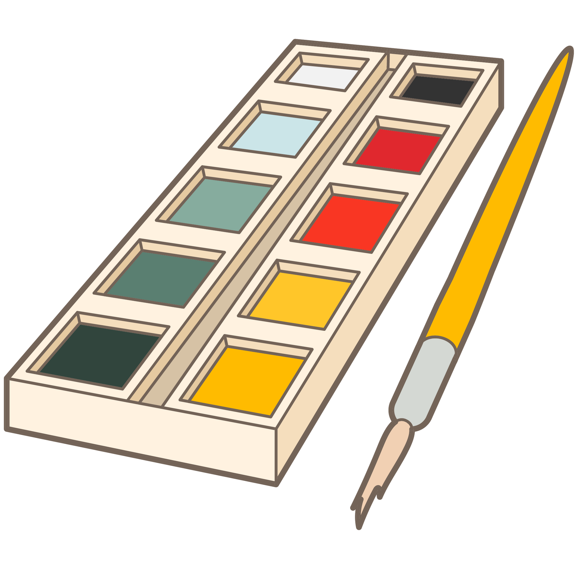 A drawing of a palette of paint and a brush