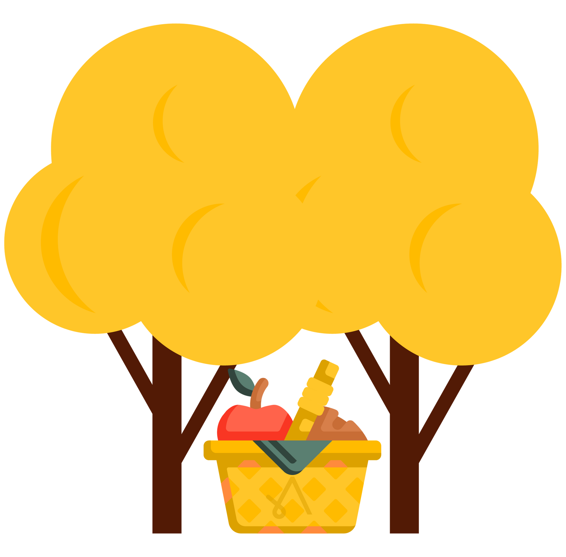 A basket filled with fruit and vegetables is under a tree.